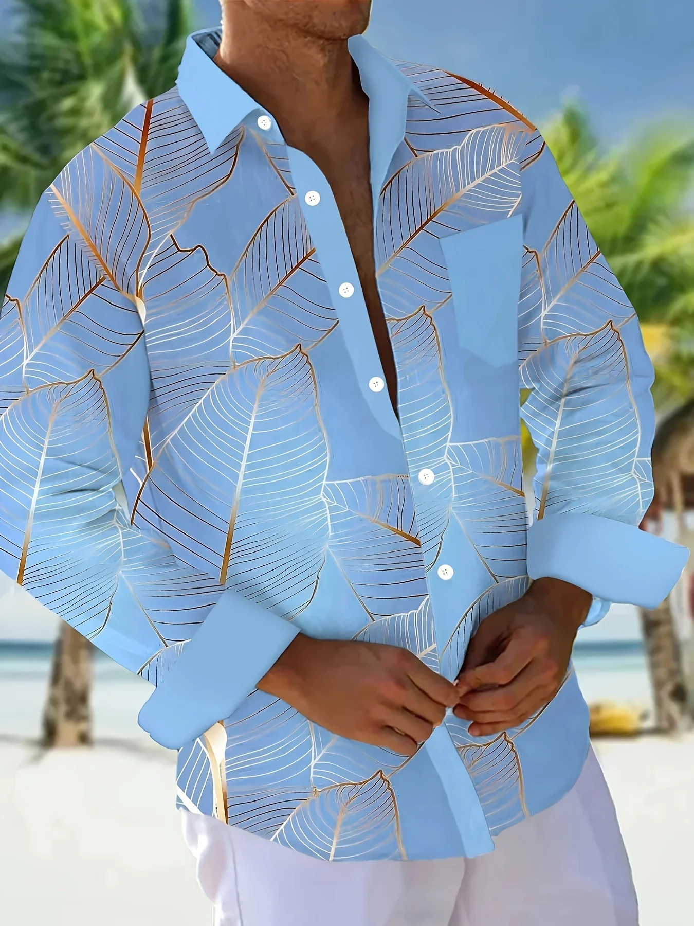 Men's Tropical Leaves Gradient 3D Print Button-Down Shirt with Pockets - Casual Long Sleeve, Polyester, Machine Washable