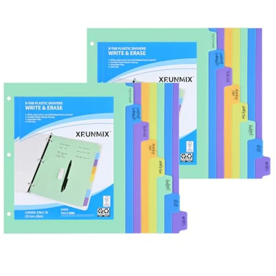 

8-Tab Binder-Dividers with Tabs, Write and Erase Divider Tabs for 3 Ring Binders with 3 Holes 8 Pastel Colors, 16pcs