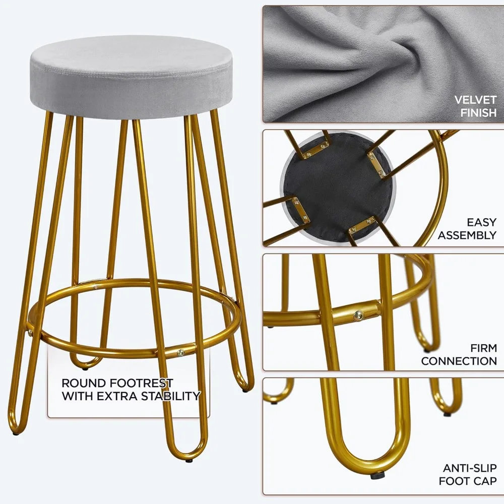 Bar Stools Set of 2, Velvet Round Counter Stools, Backless Counter Height Bar Chairs with Golden Legs for Kitchen Dining Room P