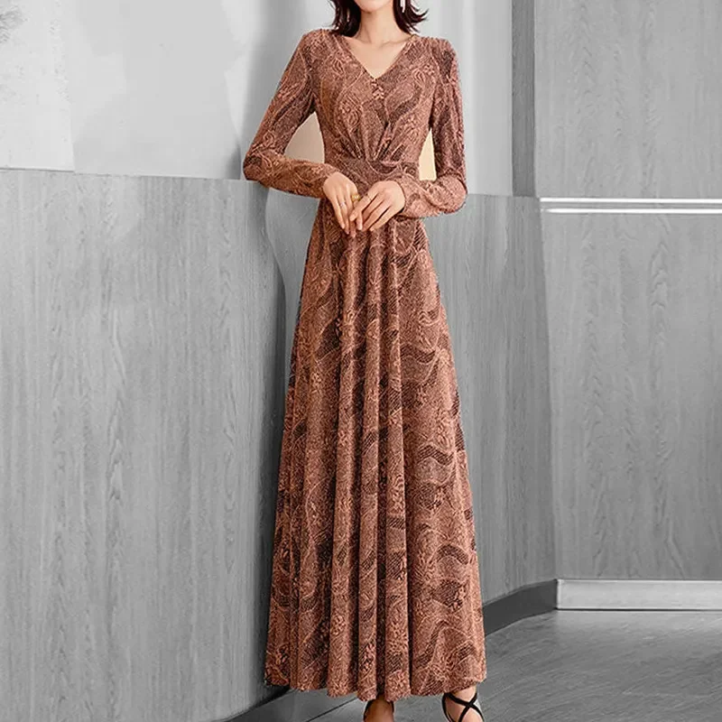 

2025 Spring Women's Long Sleeved Big Swing Dress Women Long Ankle High Ed V-neck Waist Dress Female Elegant Dresses