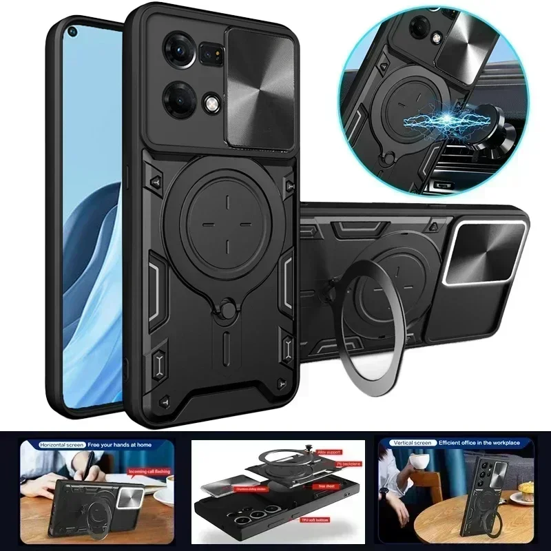 For OPPO Reno 7 4G Case Magnetic Car Holder Ring Phone Cases For OPPO Reno 7 CPH2363 6.43" Reno7 4G Slide Lens Armor Back Cover