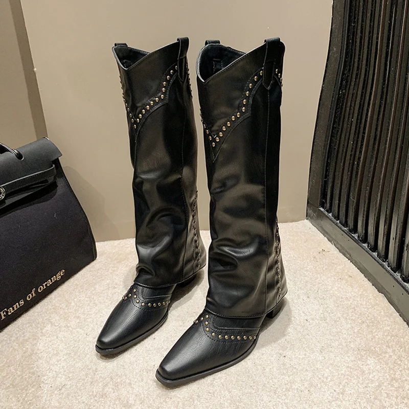 

Женские высокие сапоги, пикантные модные сапоги до колена на высоком каблуке, зимние сапоги из массивной кожи, 2025 г., новые туфли-лодочки в готическом стиле, Chelsea Mujer Botas