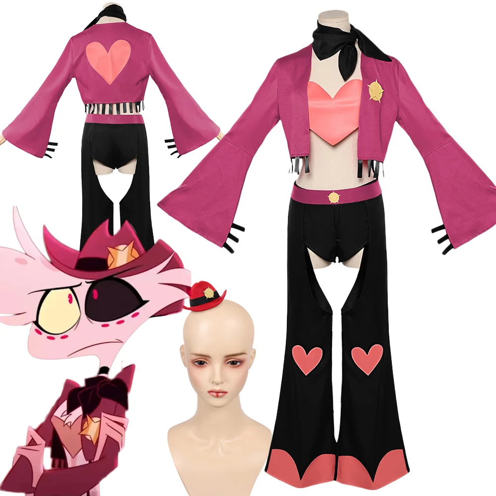 Disfraz Hell Inn Angel Dust, disfraz de abrigo rojo, traje de corazón rosa, sombrero de copa, sombreros, ropa, trajes, fiesta de Carnaval de Halloween