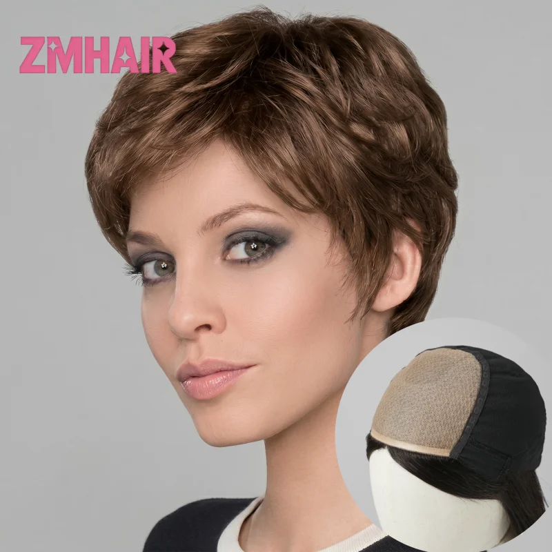 

#2 Dark Brown Short Wig 6x6 Silk Base PU Front Brazilian Remy Human Hair Classic Cropped Pixie Glueless Wear Go Wigs for Women