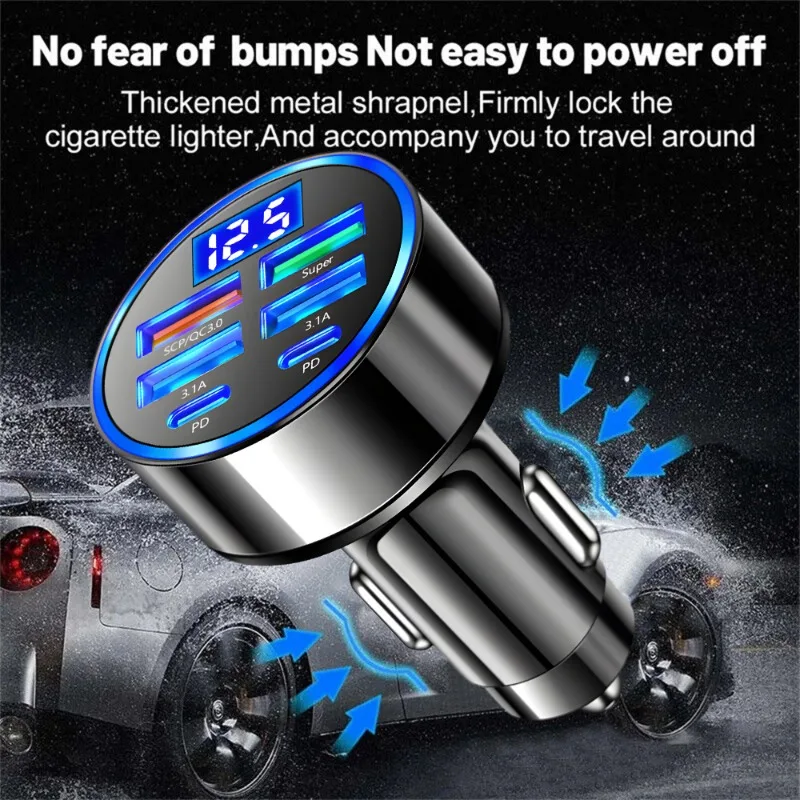 6 in 1 Digital Display Car Charger 4USB+2PD Support Super Fast Charging DC12-24V Multi Port Digital Display Mobile Phone Charger