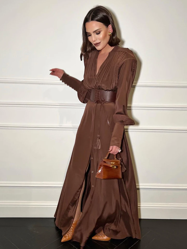 VC 2026 New Fashion Dresses For Women Plunging V Neck High Waist Belt Long  Sleeves Wedding Party Dress Brown Gowns - AliExpress 200000345