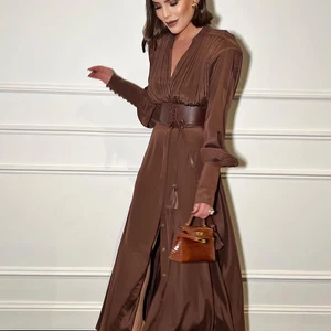 Frauenkleid mit V V, Langarm, Hochzeitsfeierkleid, braunes Kleid, hoher Taillengürtel, Mode, Sie, Frühling, 2022 8 Hauptverkäufe langes braunes Kleid - №6