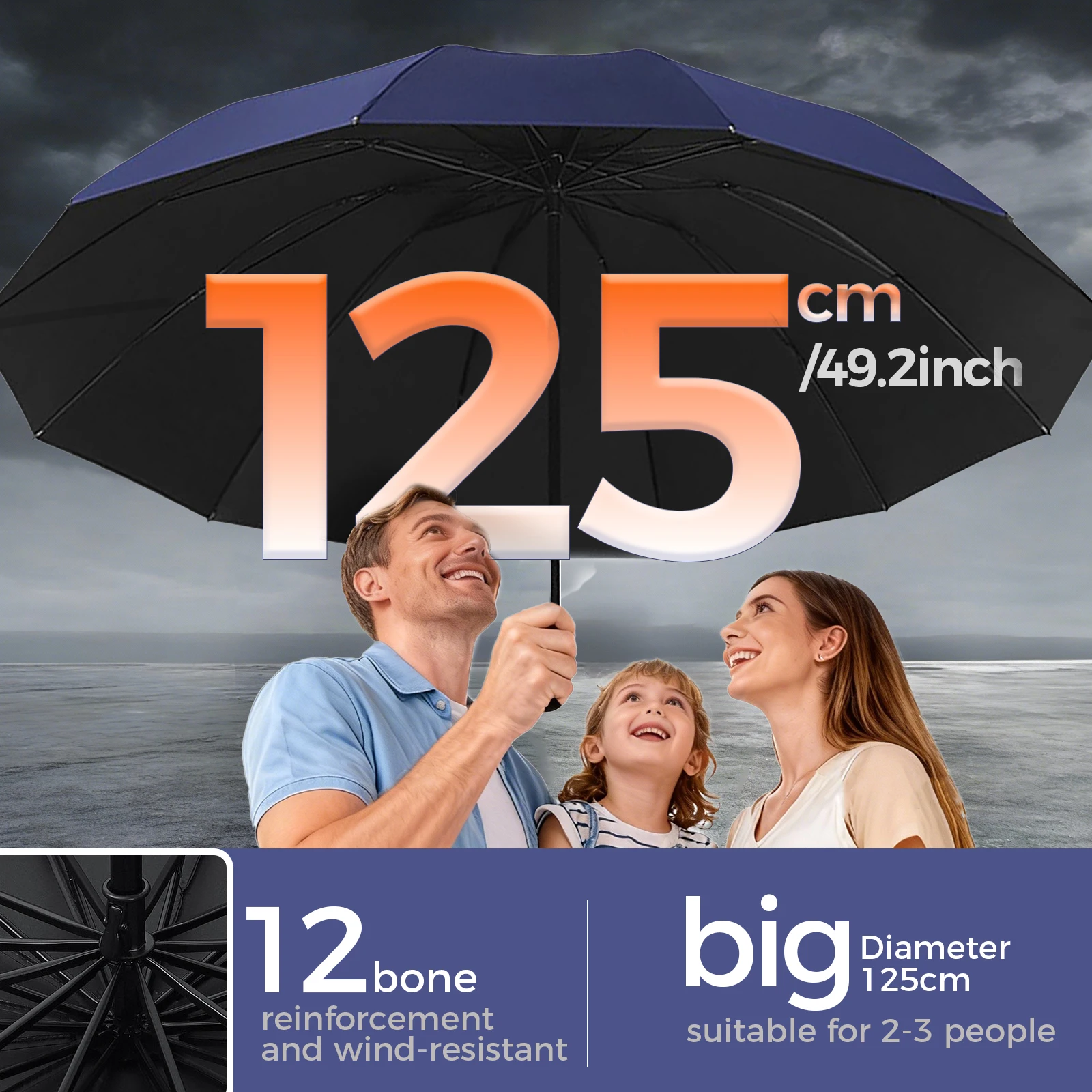 130 cm/51,18 Zoll hochwertiger 12-Knochen-Regenschirm, verstärkter Regenschirmrahmen, stark wasserdicht, winddicht, manueller großer Regenschirm