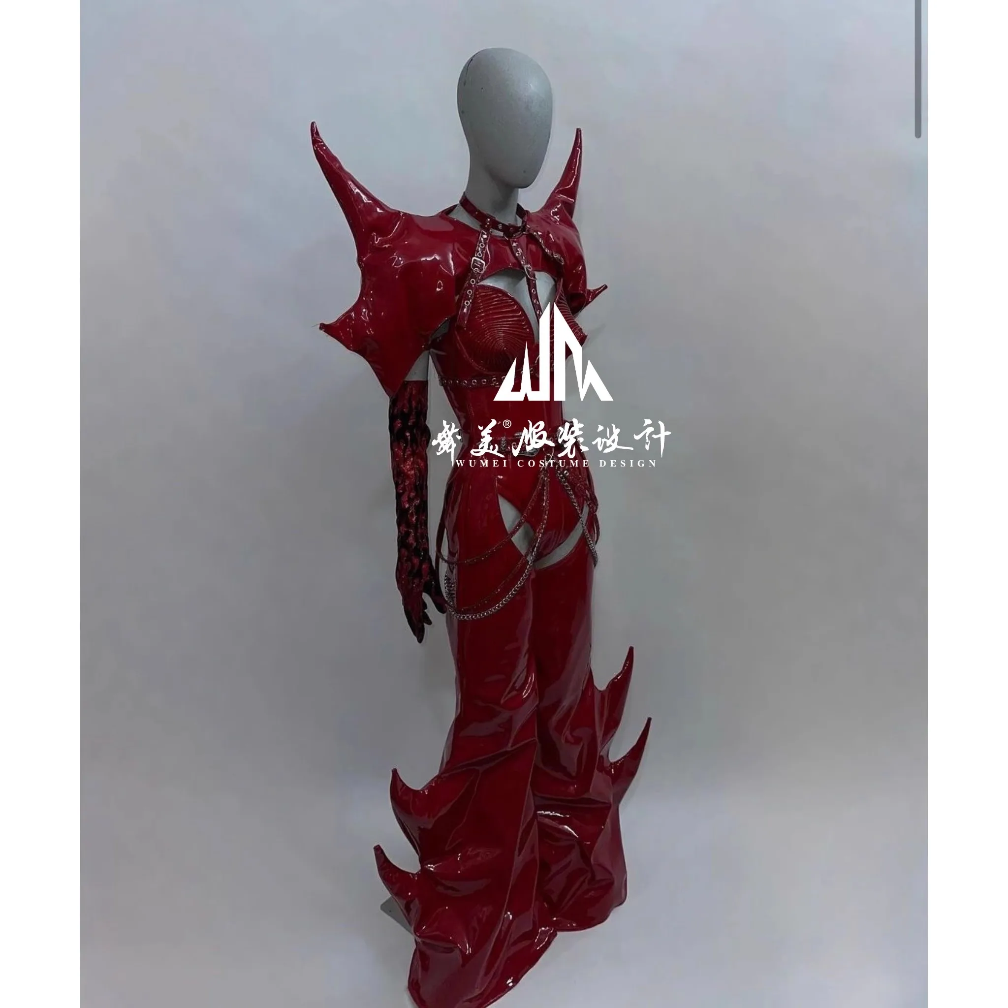 

Show girl Costume Party outfit Concert outfit party show costume EventExaggerated Sexy Red PU Leather Padded Shoulder Top+Flare