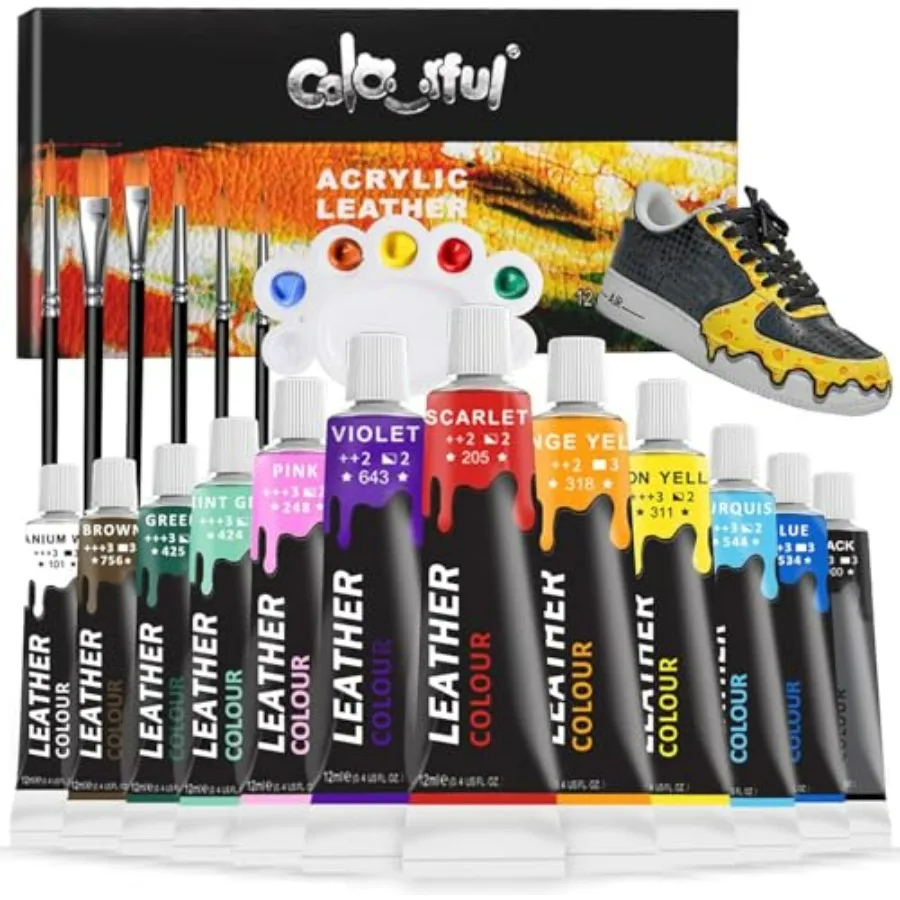 Acrylic Leather Paint for Shoe Painting- 12 Colors Leather Paint for Bag and Wallet Decor, Leather Jacket Care, Crafts DIY and