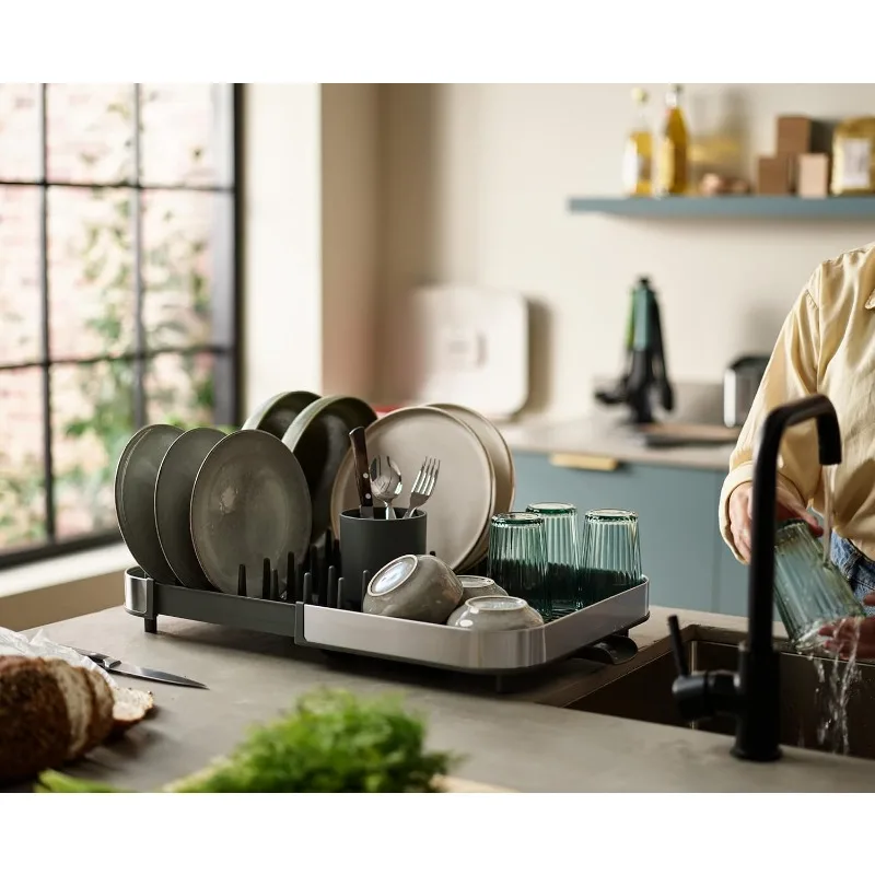 Expanding Dish Drying Rack with Removable Silverware Holder, Draining Spout, Stainless-steel