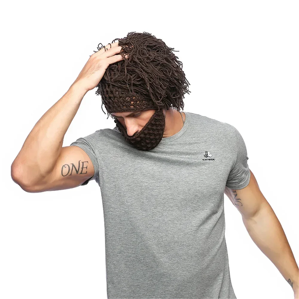 2025 Four Seasons Men's Halloween Party Fun Hat Bicycle Mask Warm Hat Handmade Wig Beard Hat