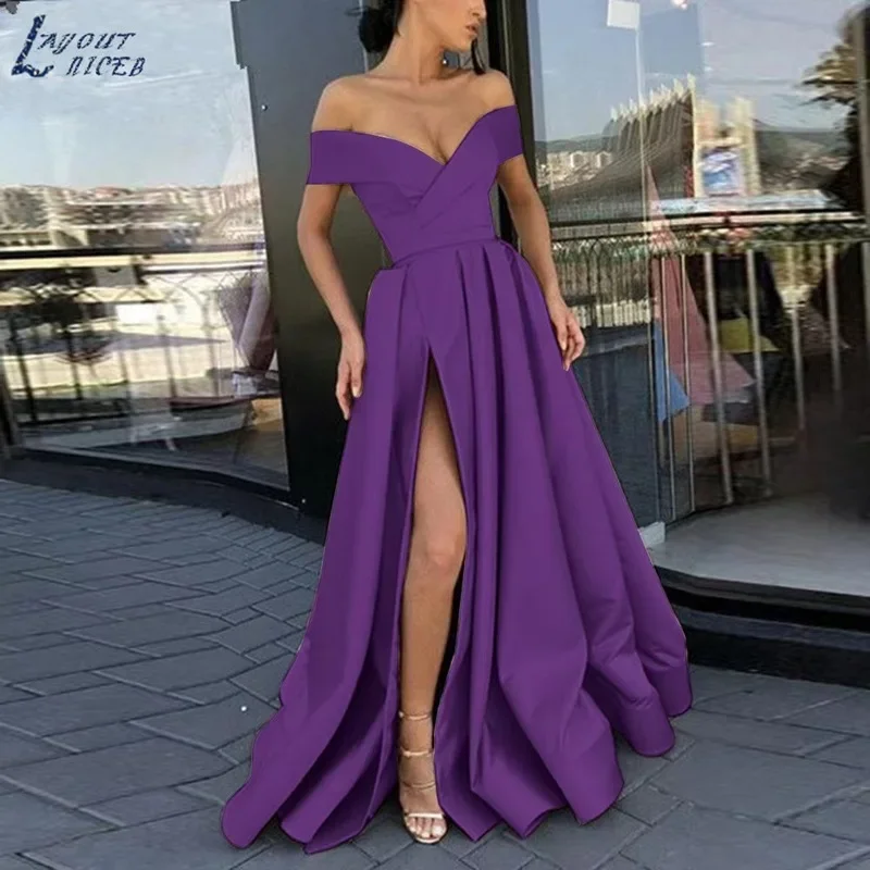 Elegant Women Off Shoulder Deep V Neck High Slit Satin Long Evening Dress New Summer Multicolor Formal Party Prom Maxi Ball Gown