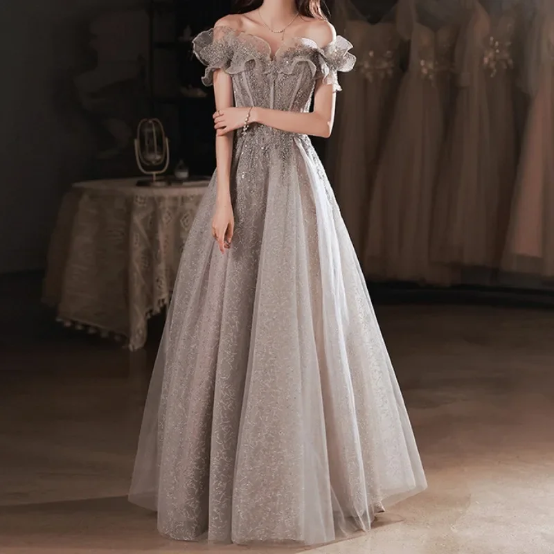 Customized Elegant Gray Flowers Evening Dress Off Shoulder Shiny Sequin Lace A-line Ruched Lace Up Woman Formal Party Prom Gowns