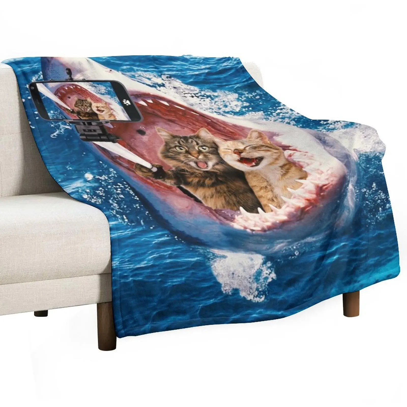 

Cat Selfie - Selfie in the Great White Shark Jaw Throw Blanket warm winter bed plaid christmas gifts Blankets