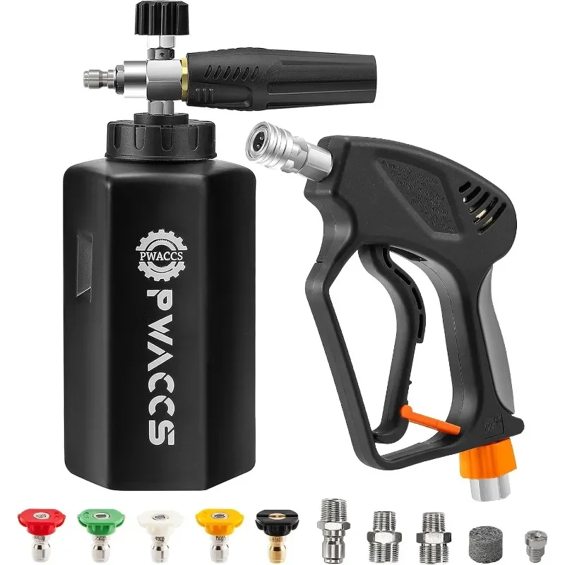 PWACCS Pressure Washer Gun with Foam Cannon, Short Pressure Washer Gun with Swivel, Foam Cannon for Car Wash Foam Gun Kit