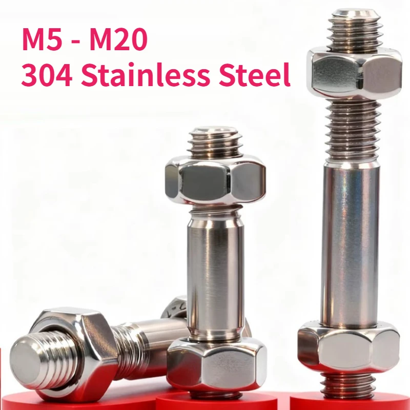 M5 M6 M8 M10 M12 - M20 304 Stainless Steel Dual Head Thread Bar Rod Stud Unequal Length Double End Bolts And Hexagon Nut Set
