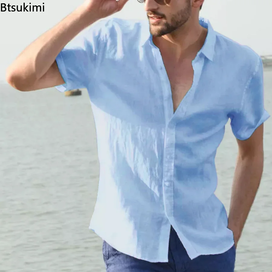 2025 Men's Summer Cotton Linen Short Sleeve Shirts Solid Casual Loose Blouse Tops Shirts Male Breathable Shirt Chemises Homme