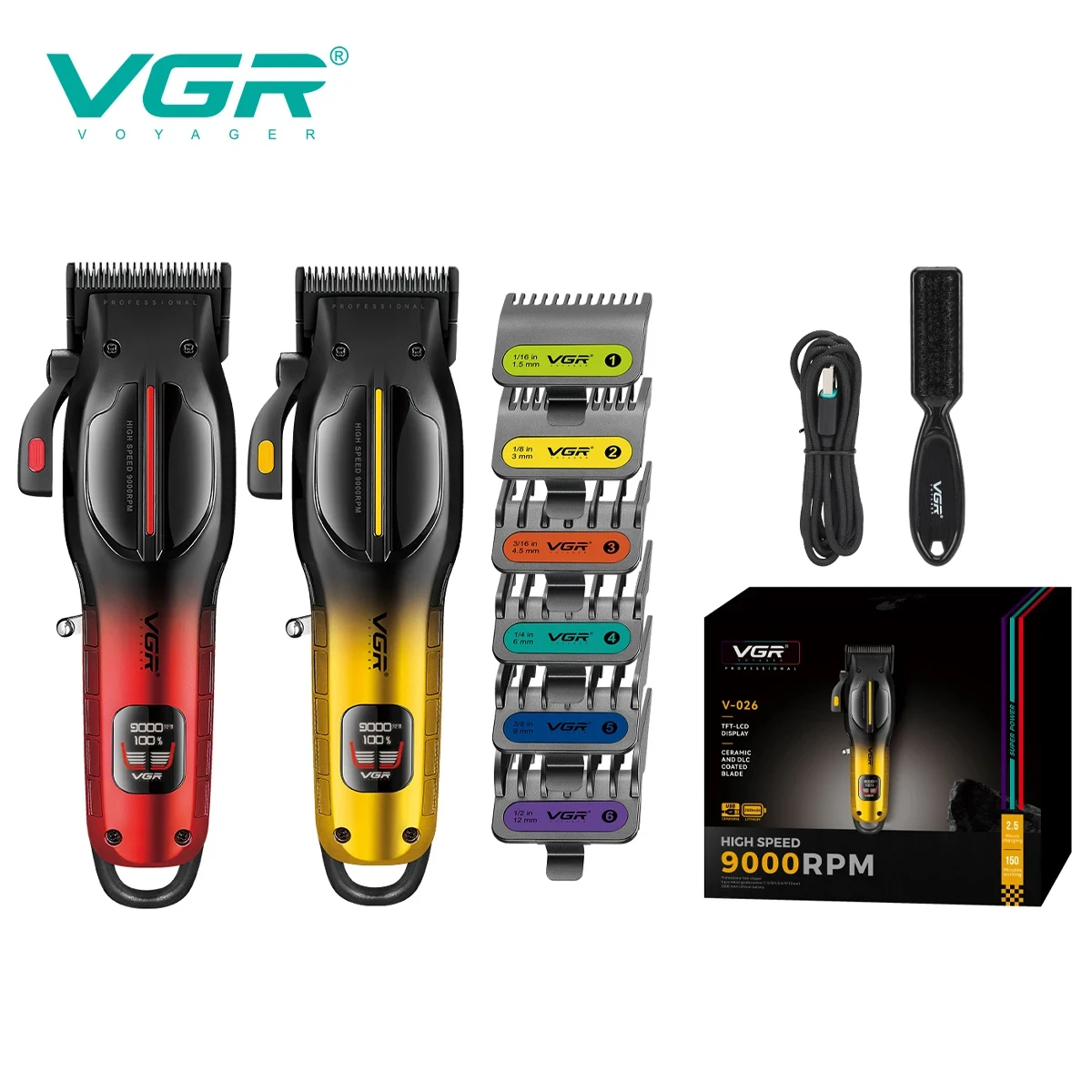 VGR V-026 الراقية المهنية الرجال مقص الشعر التدرج اللون المعدني الجسم سبائك التيتانيوم شفرة الشعر المتقلب 9000 دورة في الدقيقة الشعر ثلاثي