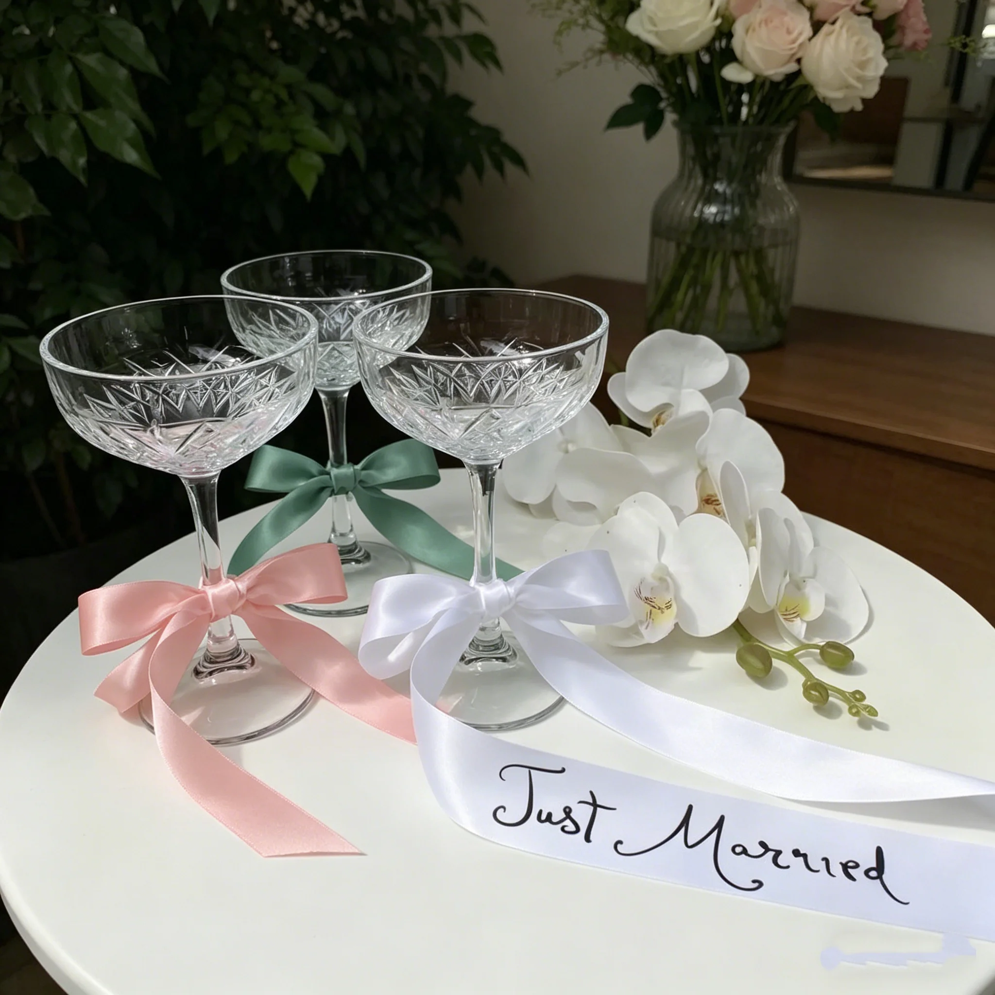 70cm Just Married White Bow Ribbon Champagne Tower Bow Placecards Wedding Drink Tag Bachelorette Party Supplies Bridesmaid Gift