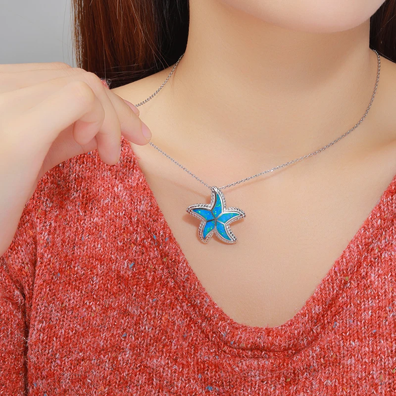 MYOP True 925 Sterling Silver Opal Necklace Minimalist Style Lovely Starfish Pattern Design Jewelry Gifts 