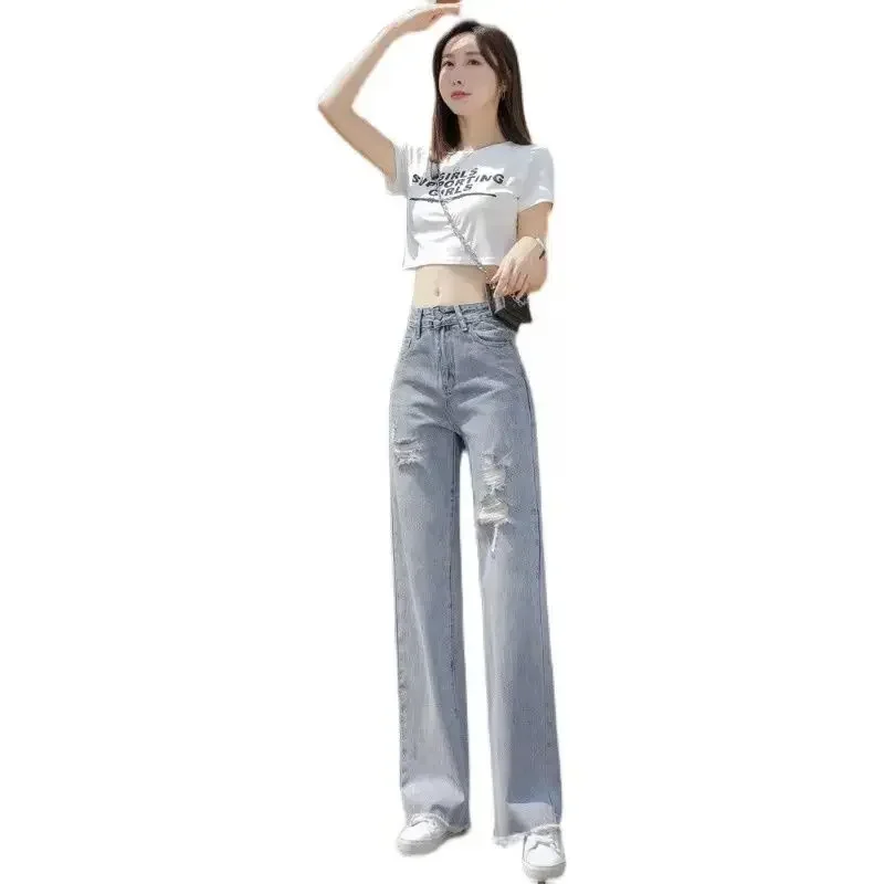 Imagem -06 - Jeans Feminino Rasgado de Cintura Alta com Buracos Bolsos de Perna Reta Calça Hippie Emo Calça Elástica Rasgada Azul