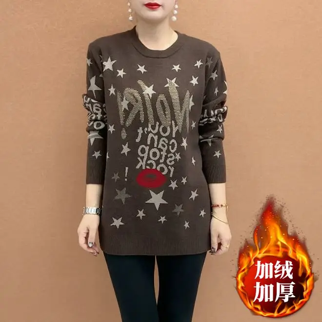 Thickened Mother's Medium Length Sweater with Added Velvet, 2024 Winter New Style Ethnic Letter Hot Diamond Loose Slimming Top