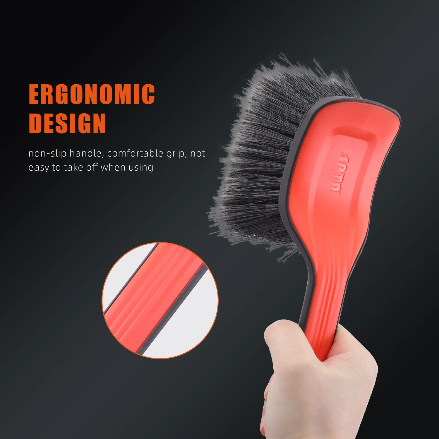 SPTA 1Pc Carpet Cleaning Orange Black Wheel Face Soft Flagged-Tip Bristles Brush Ergonomic Handle for Tire Rim Washing