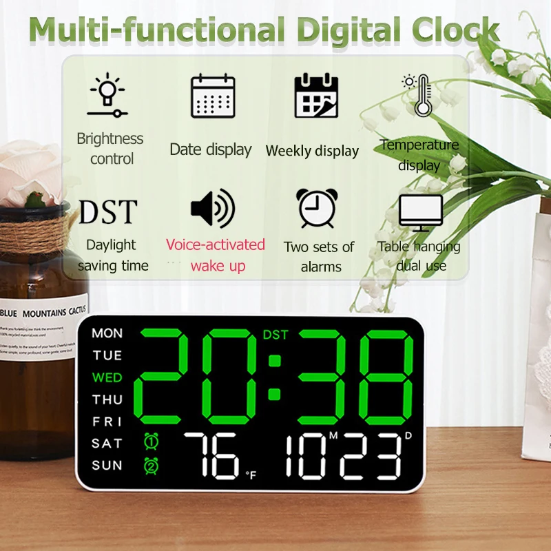 Multifunktionale Digitaluhr, sprachaktiviert, Weckfunktion, Dual-Alarm-/Temperaturanzeige, Schlafzimmer-Wanduhr, mehrfarbig erhältlich