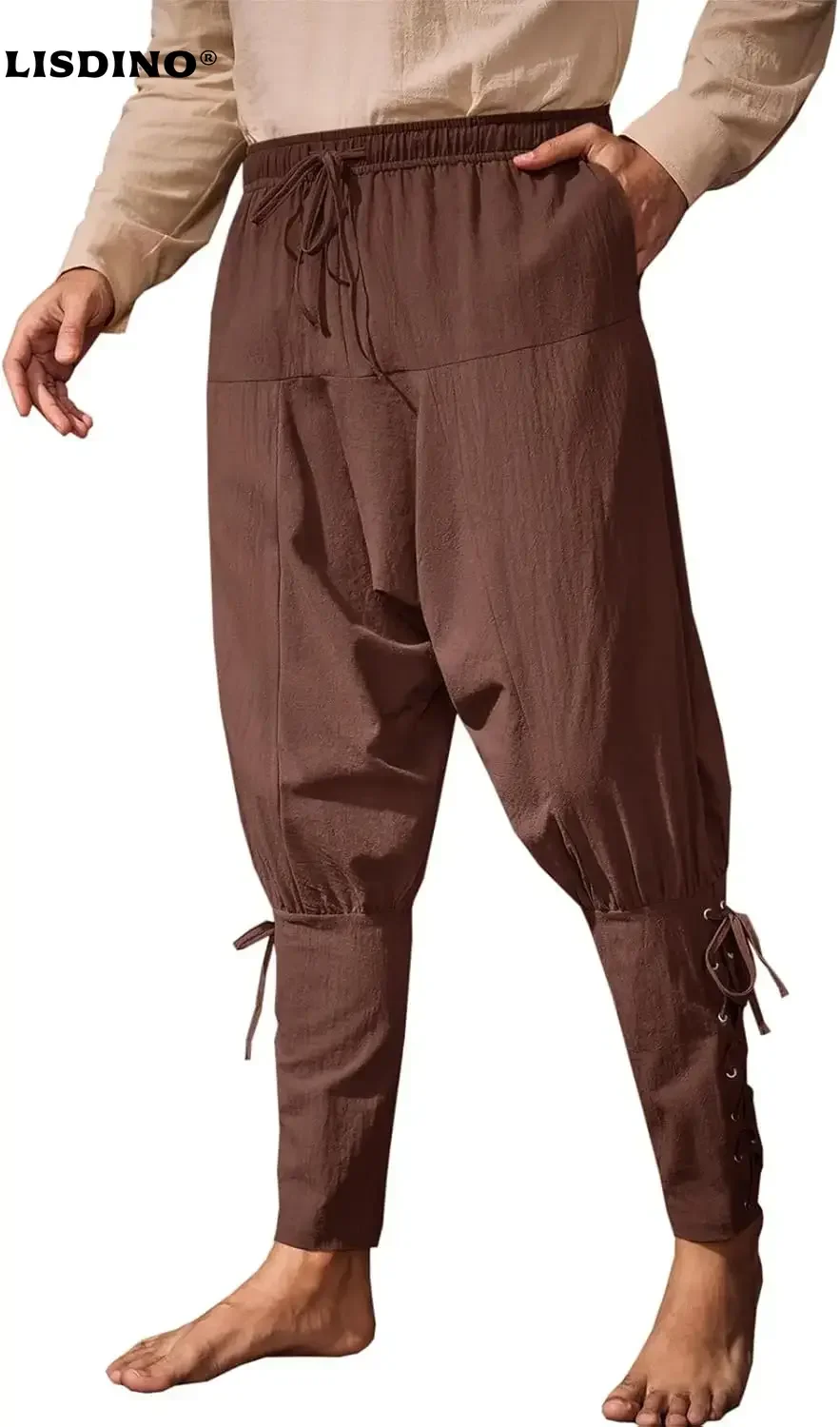LisdinoRuncati Mens Medieval Ankle Banded Pants Renaissance Viking Pirate Navigator Pants Lace Up Cotton Halloween Trousers
