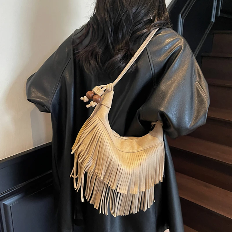 

Fashion Retro Suede Tassel One Shoulder Bag for Women Autumn Winter New Large Capacity Crossbody Bags Elegant Beaded Handbag