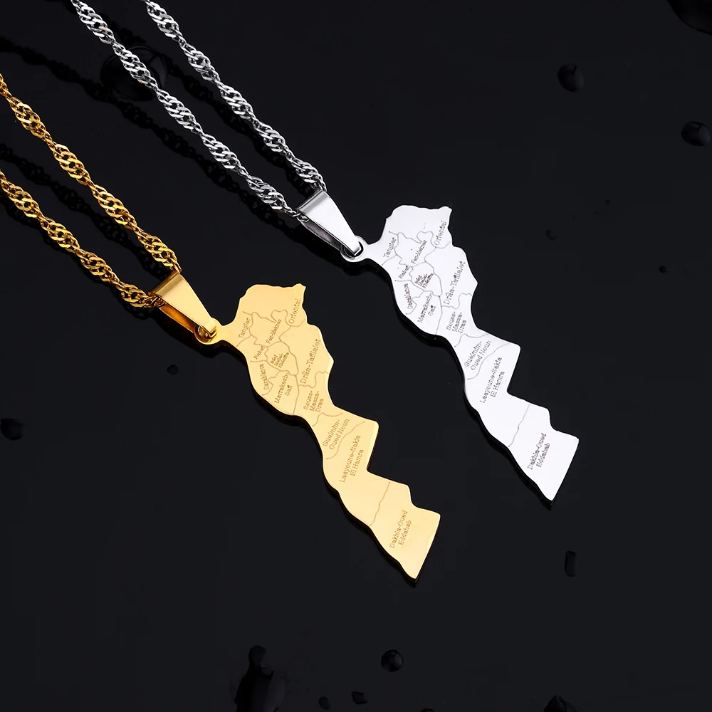 African Morocco Map City Pendant Necklace Stainless Steel Men Women Gold Color Steel Color Country Map Jewelry Gift