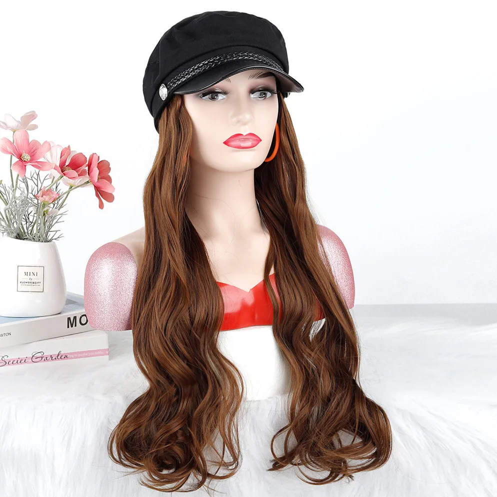 SQRDGQ Hat Wig Woman Long Wave Sunshade Cap Wig with Curly Synthetic Hair Extensions Natural Black Brown Hat Wigs for Woman