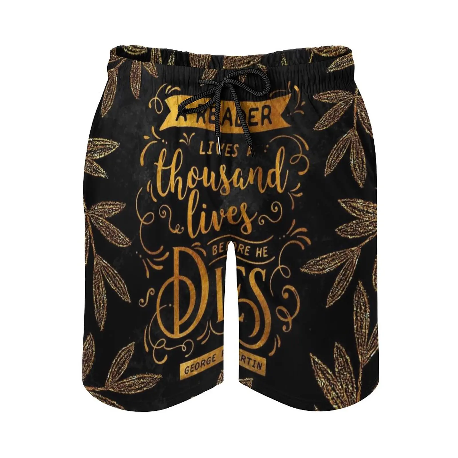 

Thousand Lives Gold Surfing Beach Shorts Men's Boardshorts Patchwork Surf Swim Short Pants Black Leaves Plants Quotes