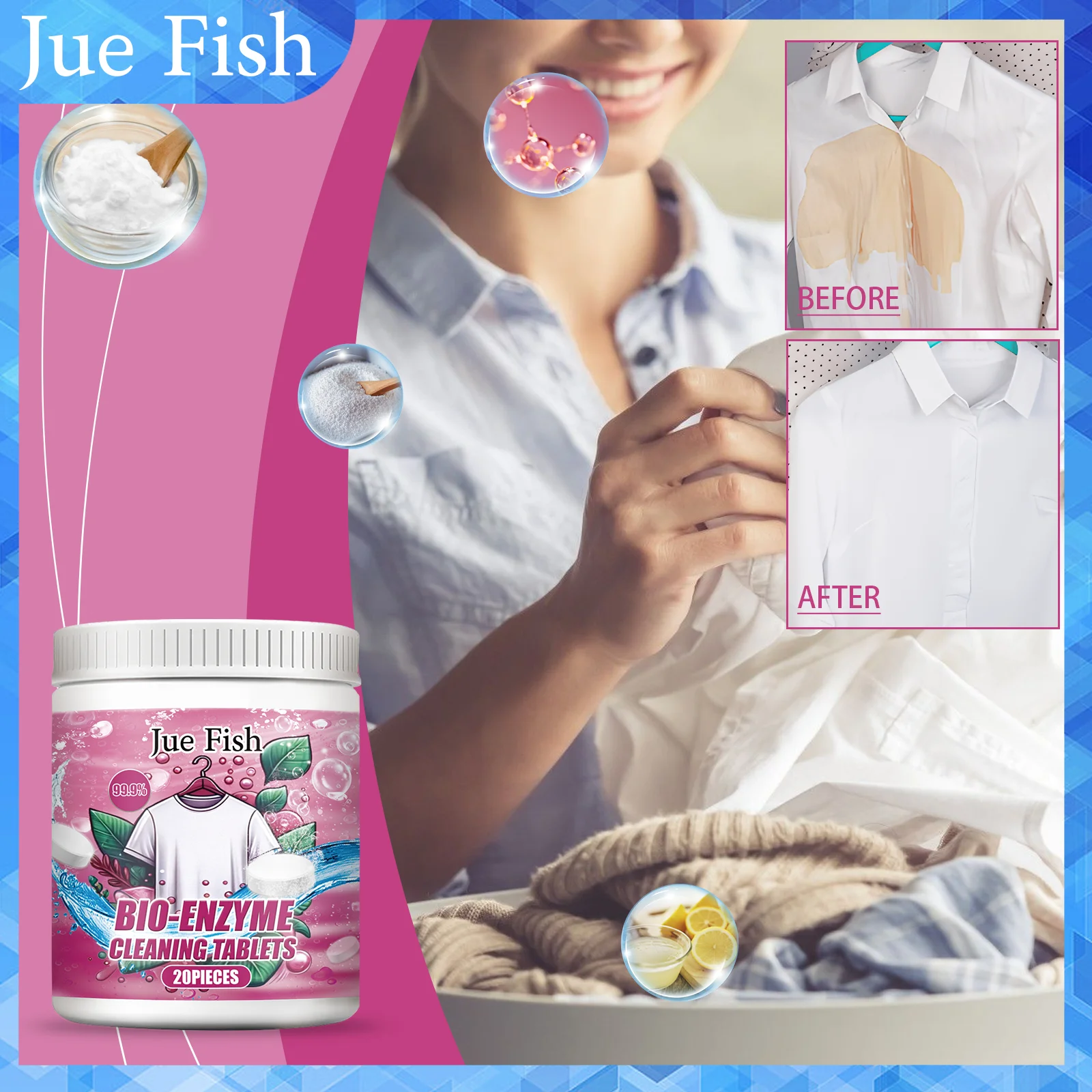 20PCS Bio Enzyme Salt Fabric Stain Remover Leaves Fragrance Restores Colour Brightens Shine Cleaning Effervescent Tablets