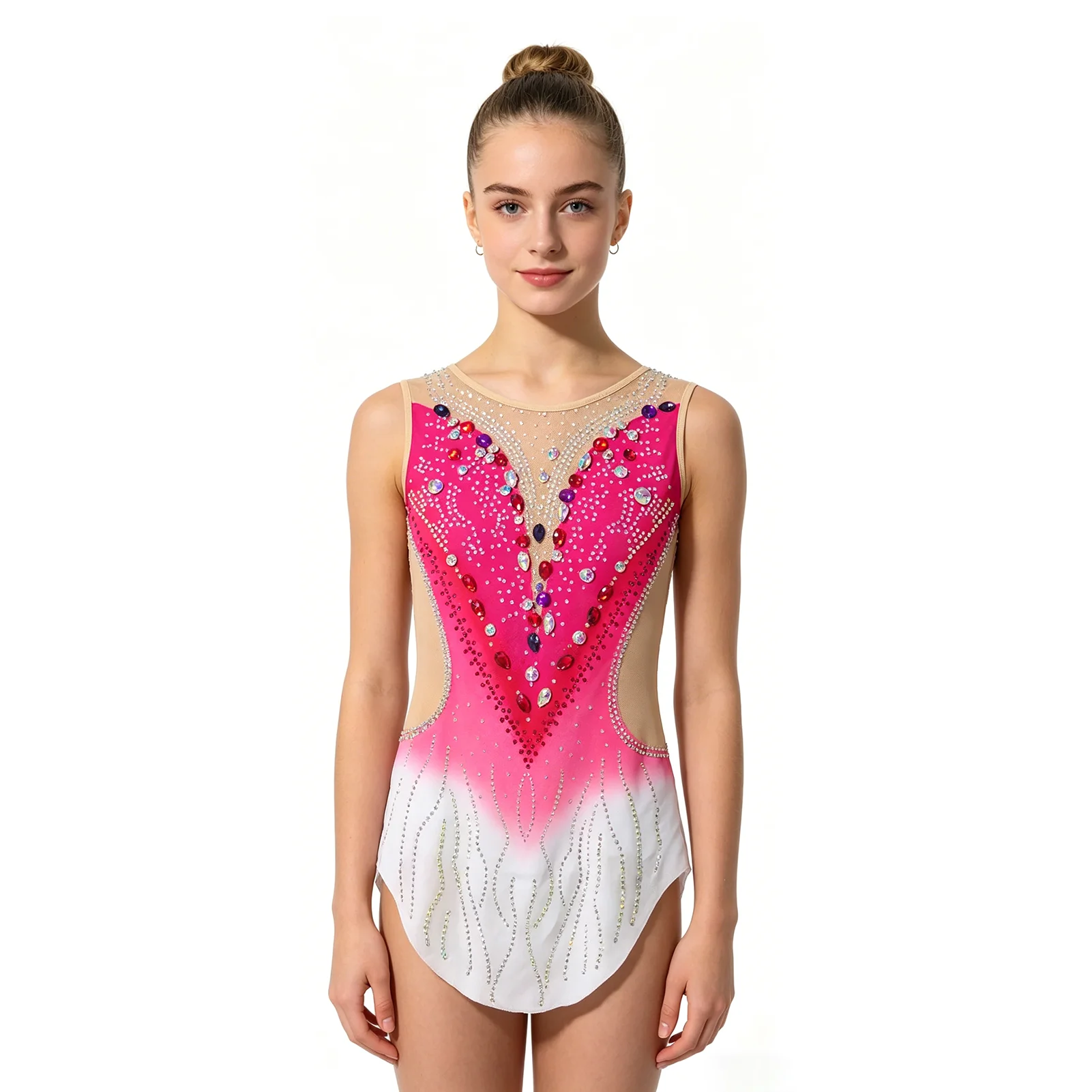 

Pink Ombre Sleeveless Gymnastics Leotard with Sparkly Rhinestones Sheer Mesh Panel Girls Rhythmic Dance Competition Performance