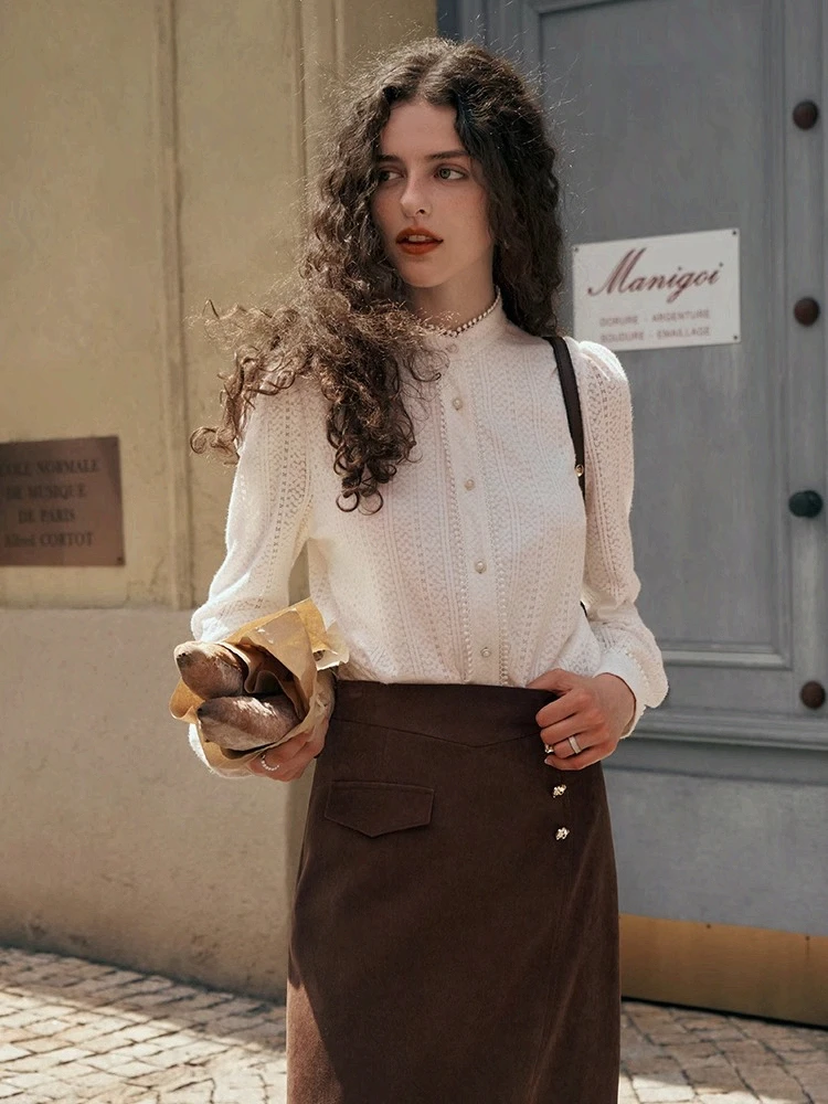 

OLrain, французская кружевная рубашка, женская осень 2024, новая свободная рубашка с воротником-стойкой, темпераментная однотонная блузка с пышными рукавами O23QX83915