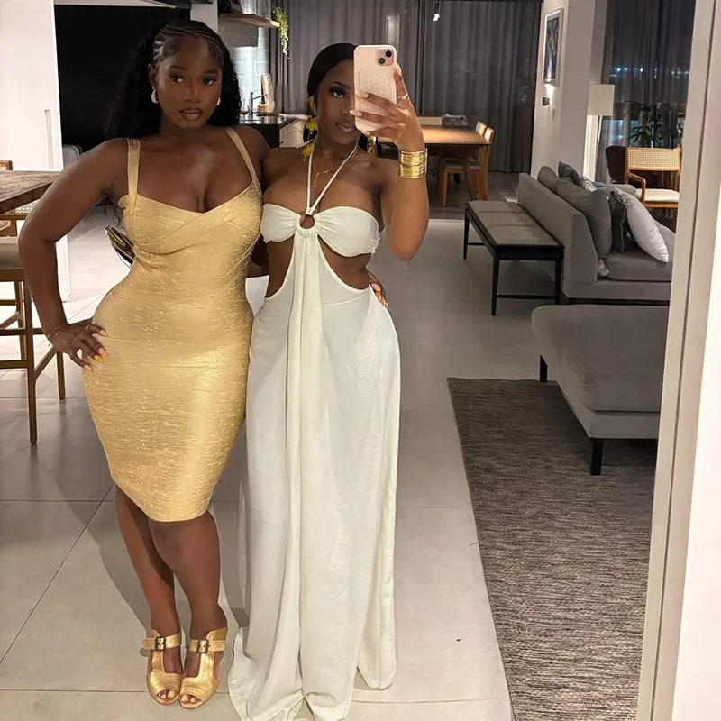 

Hollow Out Lace Up Halter Backless Loose Jumpsuits Women Sexy Strapless High Waist Wide Leg Pants Casual Overalls Streetwear