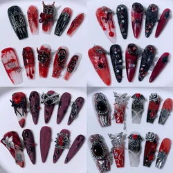 Pure Handmade Punk Dark Wearable Nails Black Red Spider Metal Rose Butterfly Scarlet Angel Halloween Fake Nails Wholesale