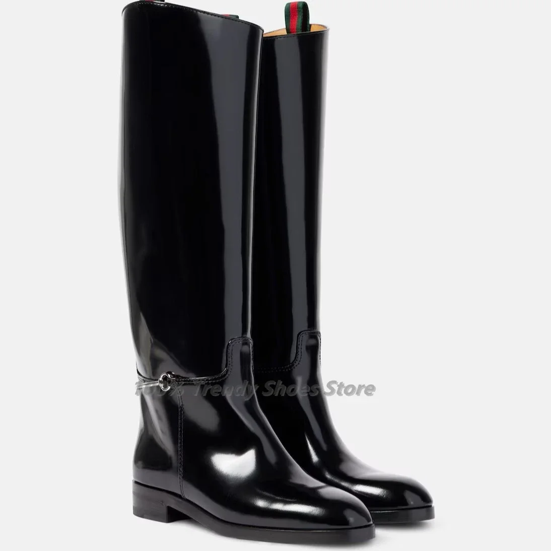 New Thick Heel Round Toe Knee High British Style Large Circumference Loose Straight Metal Buckle Long Knight Boots