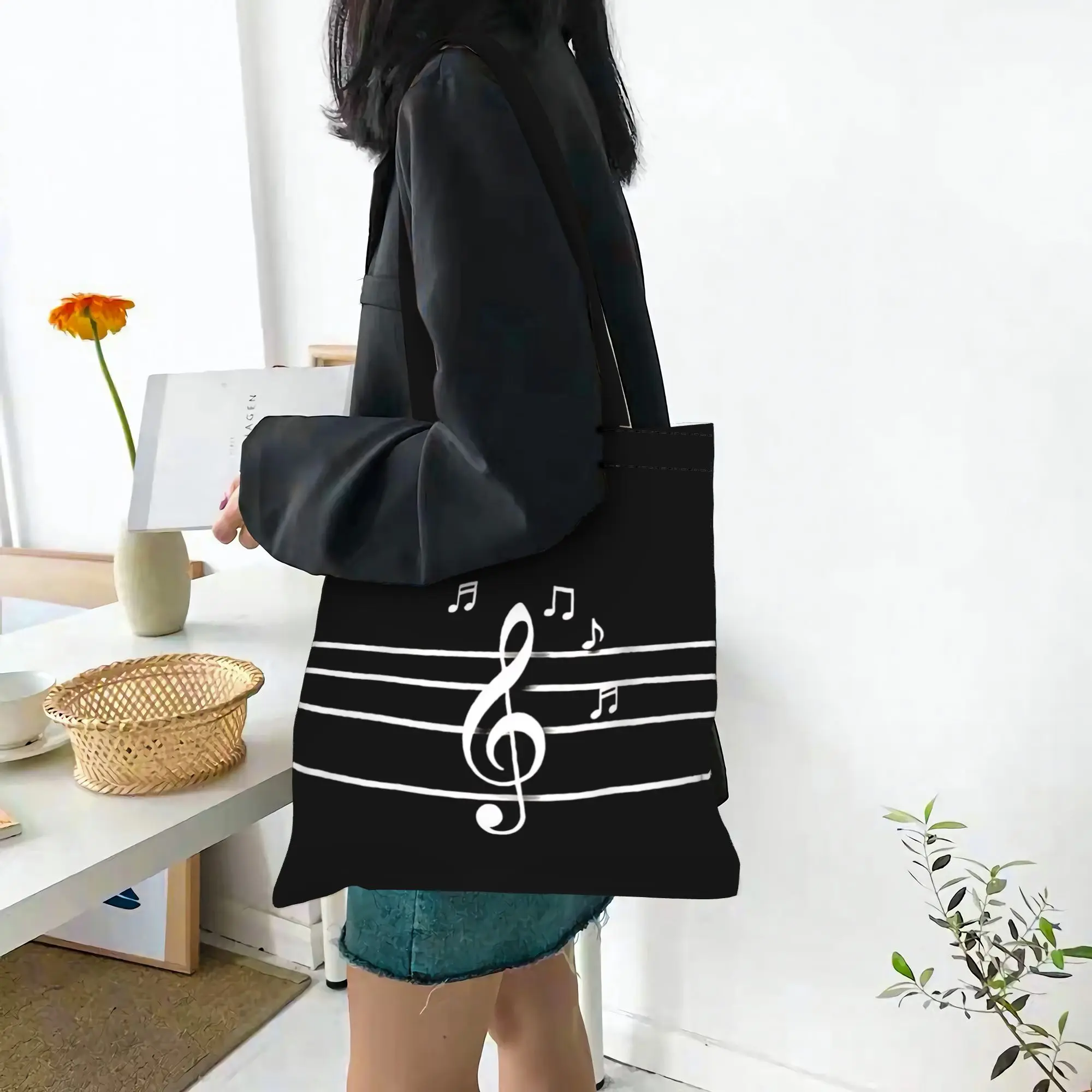

bags for woman 2026 Black & White Music Note Reusable Double Sided Canvas Tote Bag Shoulder Handbag
