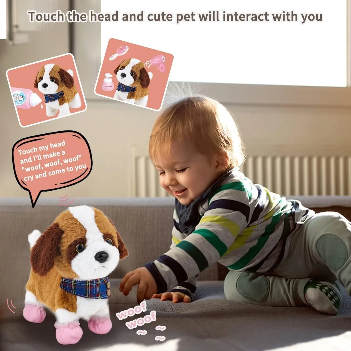 Brinquedo de pelúcia eletrônico interativo para caminhada, com coleira de controle remoto, cachorro realista, animal de estimação com caminhada, latido e asa, cauda, presente
