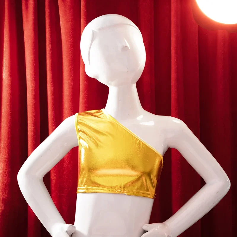 Kids Boys Girls Dance Crop Tops Shiny Metallic One Shoulder Tank Top Modern Jazz Hip-hop Dance Costumes Street Dancewear*.1