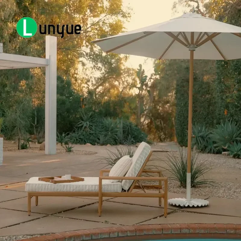 Teak Lounge Chair Adjustable Recliner with Beige White Striped Waterproof Cushion for Poolside Garden Backyard Terrace Beach