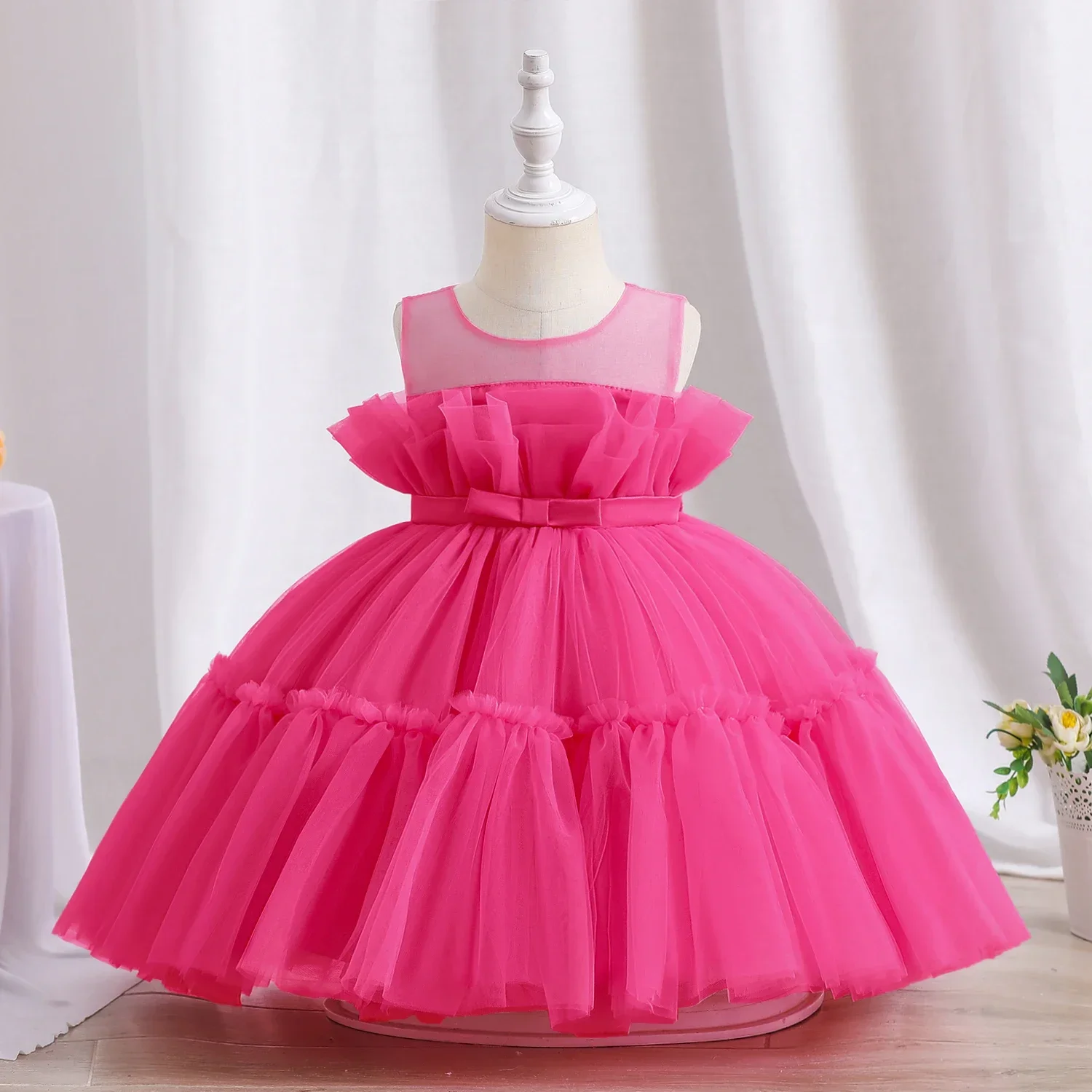 Fashion Solid Color Girl Evening Gown Lace Mesh Sleeveless Party Dress Kids Girl Summer Children Girls Party Dress for 1-5Y Baby