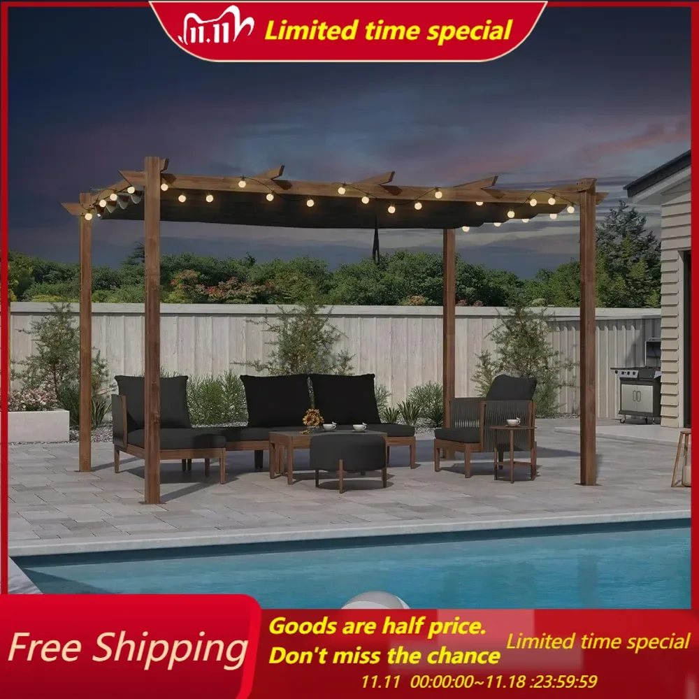 10' x 13' Outdoor Retractable Pergola with Sun Shade Canopy Patio Metal Shelter for Garden Porch Pavilion