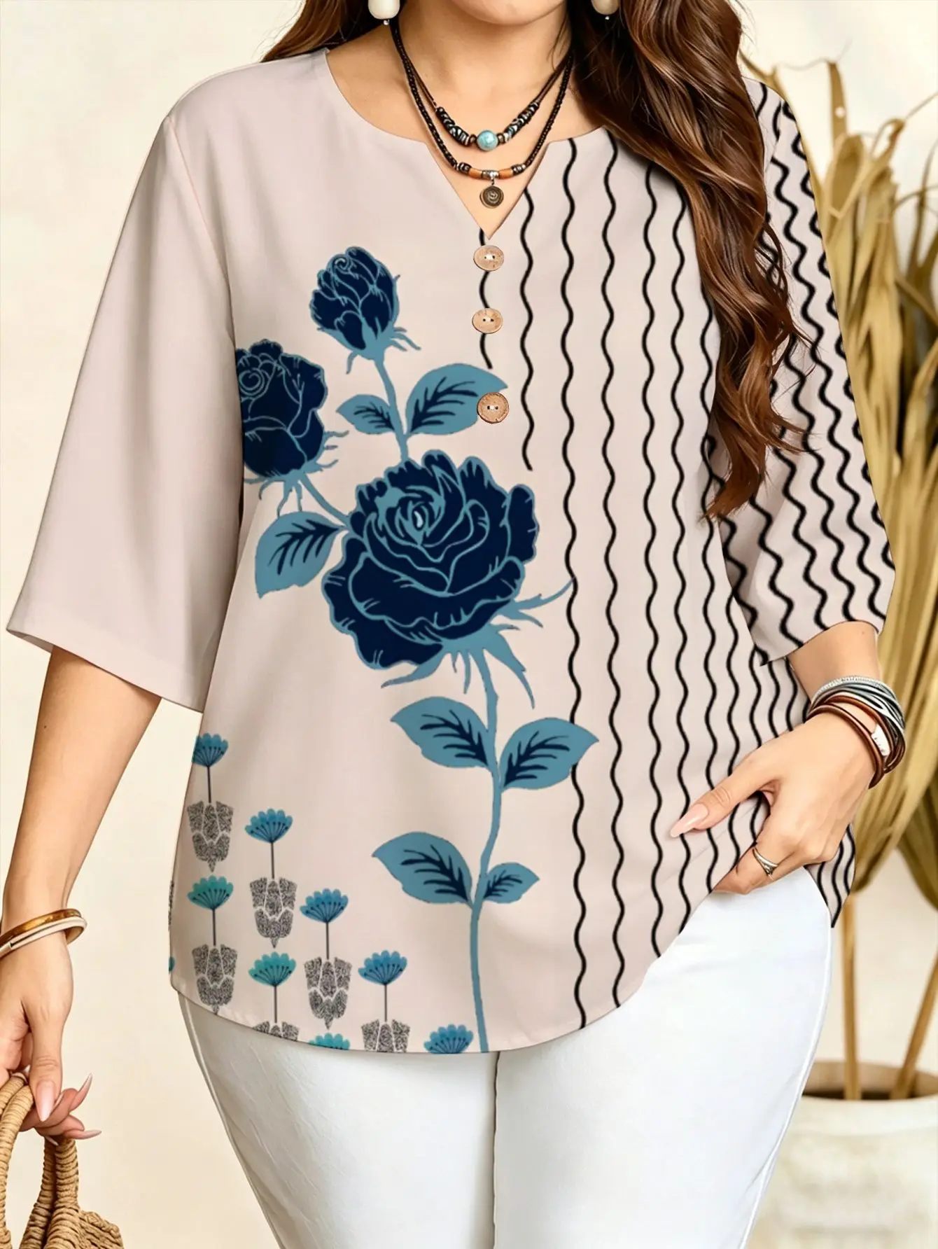 Ethnic Floral Striped Blouses Notch V Neck 3/4 Sleeve Loose Plus Size Women Casual Daily Tops