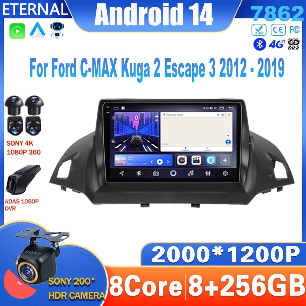 

Android 14 для Ford C-MAX Kuga 2 Escape 3 2012 - 2019 автомобильное радио Carplay мультимедийный видеоплеер GPS навигация Android Авто WIFI