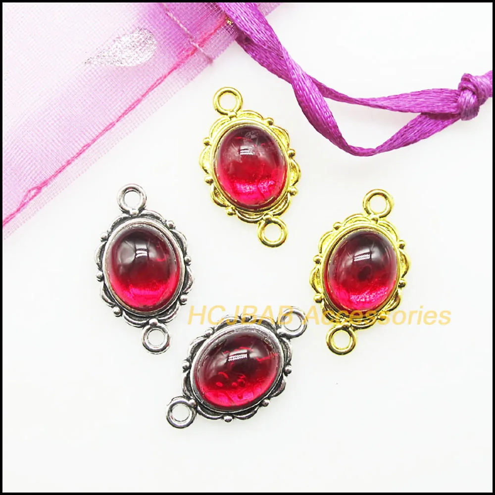 15 New Oval Charms Red Clouds Glaze Pendants Tibetan Silver Plated & Gold Color Connectors 12x21mm