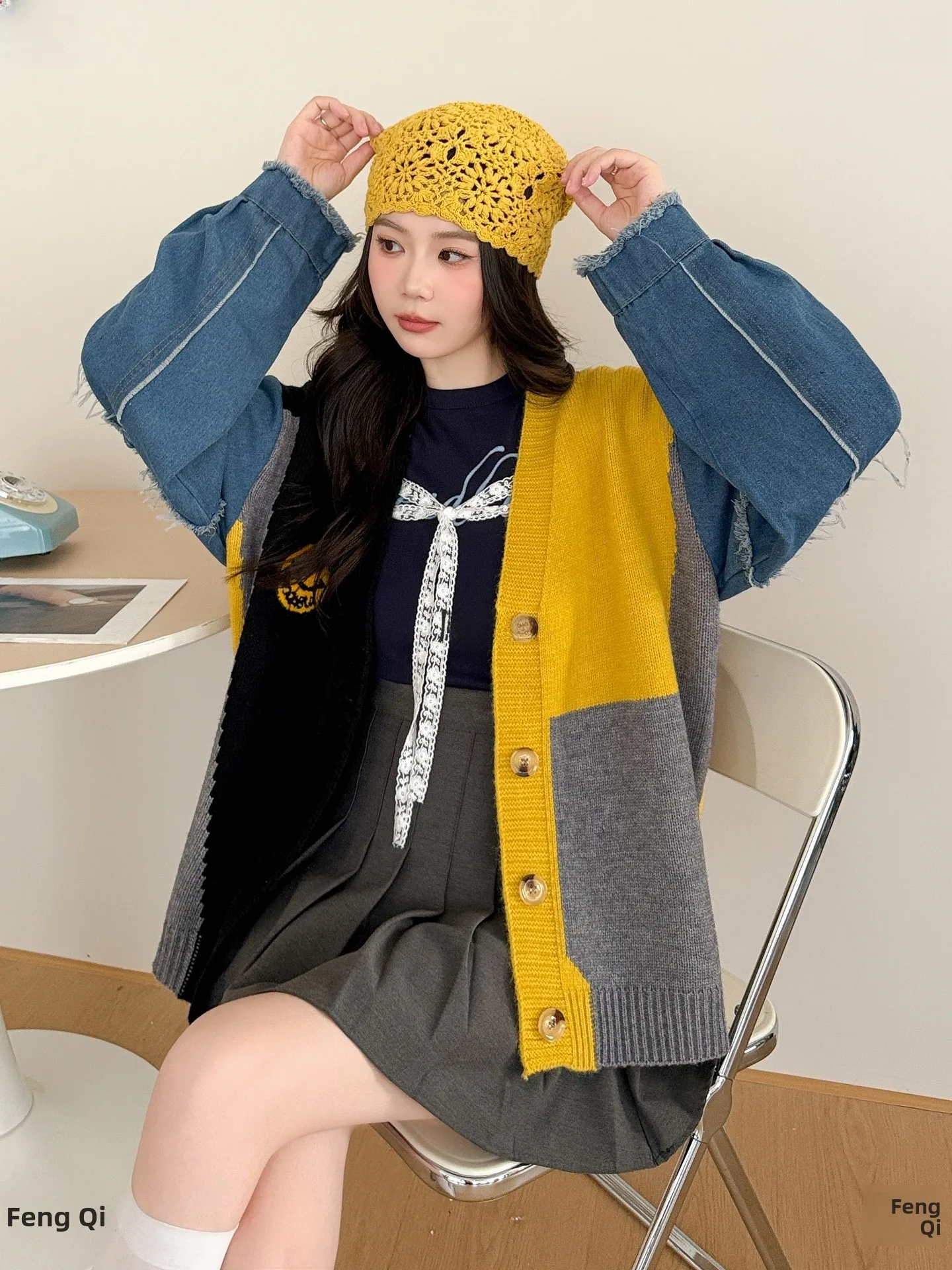 Cardigan tricoté en Denim pour femmes, ample, Patchwork, automne hiver, nouveau Sle v-ne Long, chaud, amincissant, vêtements d'extérieur tendance